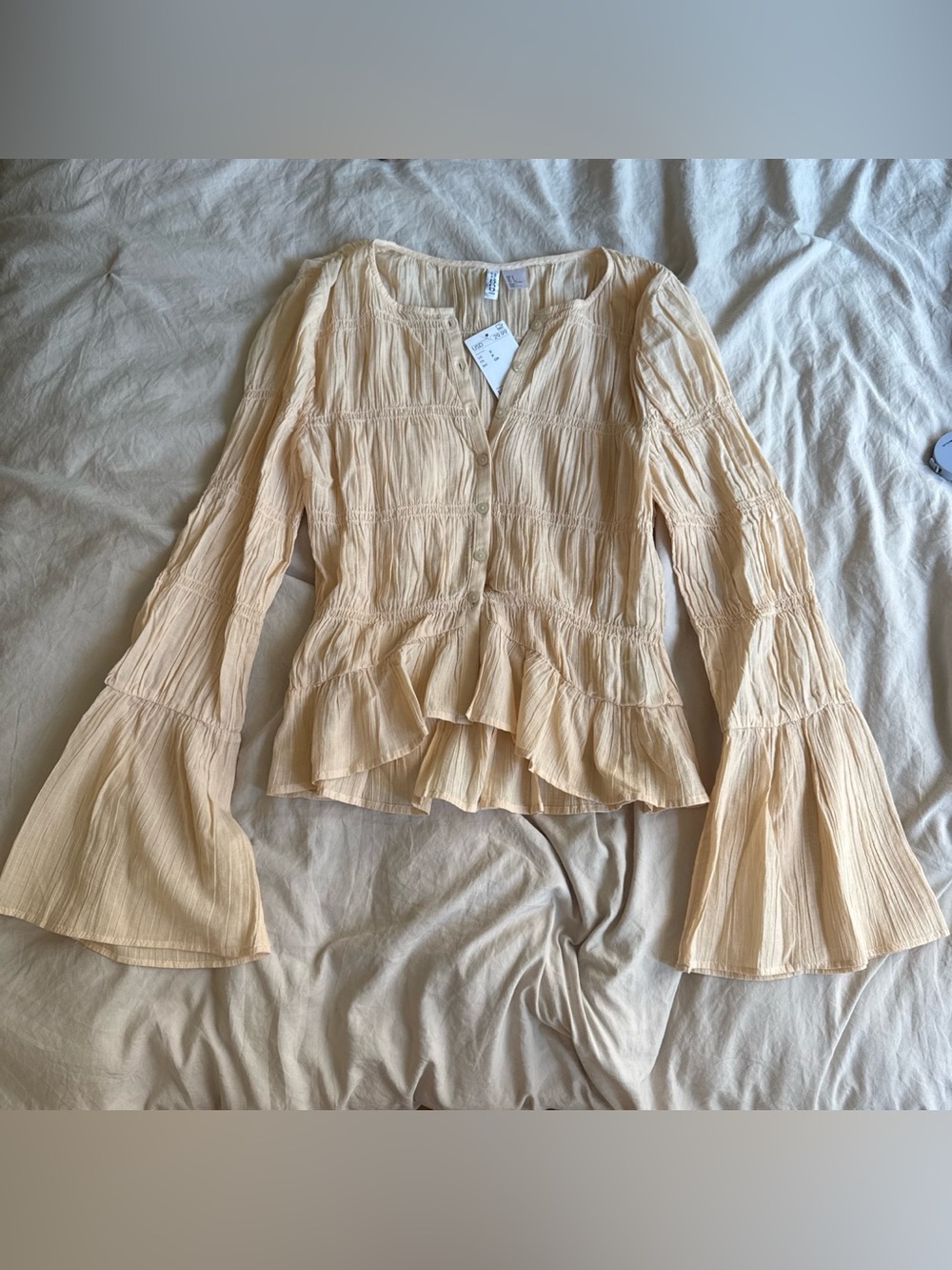 Divided Crinkled Ruffle Peasant Blouse with bell sleeves